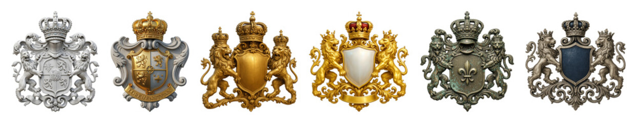 Fototapeta premium Heraldic crests set including gold, silver, antique, crown, and lion variations isolated. Luxury branding and design elements.