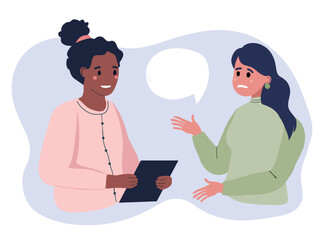 Psychotherapy session - woman talking to psychologist. Female patient and female psychologist. Emotional well-being, stress relief. Mental health concept. Flat vector illustration.