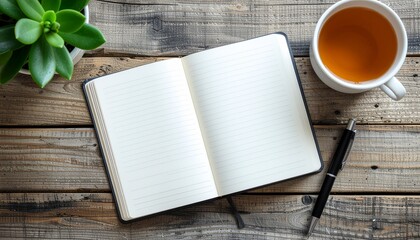 Open notebook with blank pages, pen, tea, and succulent on a wooden table.