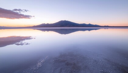 Fototapeta premium Calm, tranquil lake reflecting a mountain silhouette at sunrise or sunset.