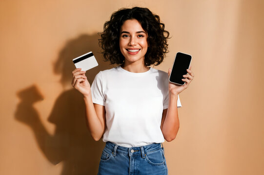online shopping people concept young beautiful woman looking happy showing credit card discount mobile phone screen standing over beige background compras online concepto de personas mujer joven
