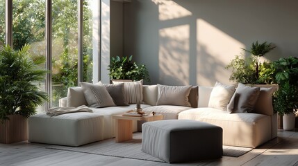 Obraz premium Cozy living room with large sectional sofa, natural light, and indoor plants in a modern home setting