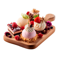 Delectable desserts assortment Sweet treats presented artistically on a wooden board perfect for indulgence. Transparent background.