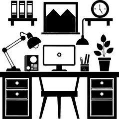 Office desk setup black silhouette  vector black , white background 