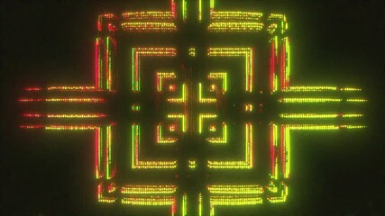 4K Glowing yellow and red geometric neon grid with symmetrical digital pattern, futuristic cyberpunk interface for AI technology, data visualization, blockchain systems, and virtual reality network - Powered by Adobe