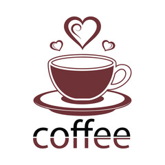 Brown coffee cup with hearts and word coffee saucer love