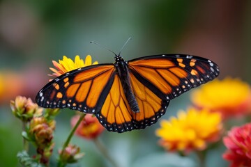 A monarch butterfly with striking orange and black wings rests on colorful flowers in a lush garden. The scene captures the beauty of nature during sunny late afternoon hours