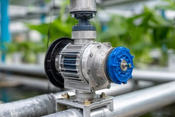 A water pump is installed in a hydroponic greenhouse, facilitating efficient water circulation for plant growth. Surrounding green foliage indicates thriving vegetation