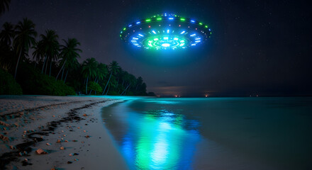 UFO Over Tropical Beach at Night: Unidentified Flying Object Abduction Concept