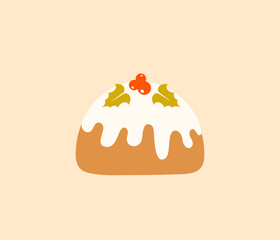 Christmas pudding with icing and holly berries isolated on pastel background. Cute Christmas dessert. Vector illustration