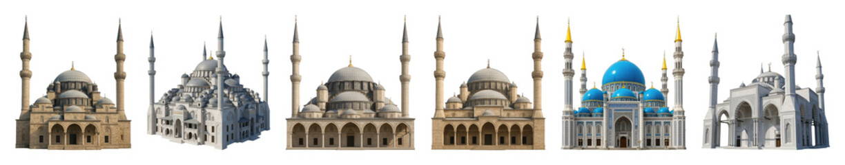Fototapeta premium Mosque architecture set including various Islamic buildings with domes and minarets isolated. Religious and cultural landmarks collection.