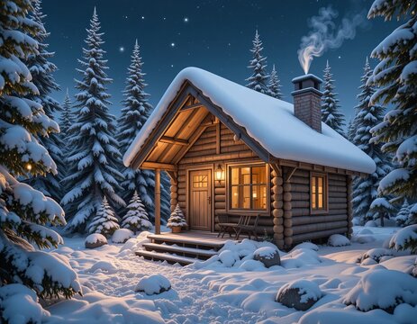 Cozy log cabin nestled in a snowy forest under a starry night sky - Powered by Adobe