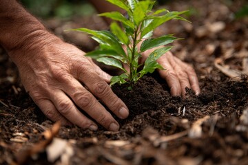 Close-up view of hands gently placing a young sapling into the earth. The gardening activity takes place in a lush garden, surrounded by natural beauty