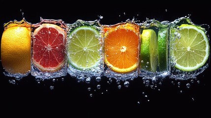 Colorful citrus slices splashing in water