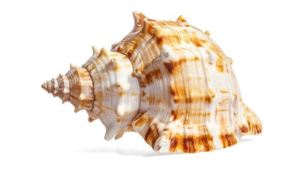 A detailed, intricate seashell displays a captivating spiral pattern and rich brown and cream tones against a pure white background.