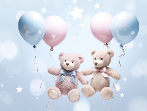 Baby shower balloons in pastel blue and pink, cute stars and teddy bear - Powered by Adobe