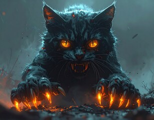 Black Cat with Glowing Yellow Eyes on Dark Background
