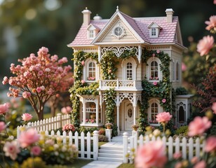 Fototapeta premium Charming miniature Victorian house adorned with climbing vines and blooming pink roses, nestled in a serene garden.