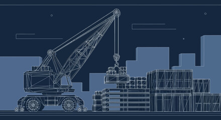 Blueprint illustration of a mobile harbor crane loading containers on a cargo terminal