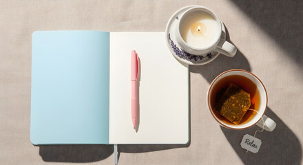 Pastel Journal and Herbal Tea Flat Lay with Lavender Candle for Mindful Writing and Emotional Wellness