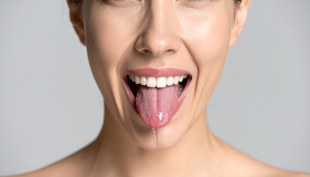Close-up of a woman's mouth with her tongue protruding, showcasing healthy teeth and a subtle drool.