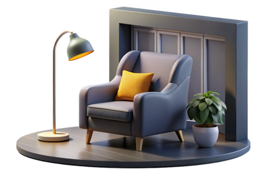 A stylish and minimalist living room with a rich dark blue wall, a comfortable tan leather armchair, and ample copy space- 3D rendering