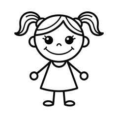 Simple black and white line drawing of a happy girl with pigtails vector illustration silhouette vector illustration white background