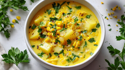 Creamy corn chowder soup with potato chunks and fresh parsley garnish in white bowl, bright and appetizing meal