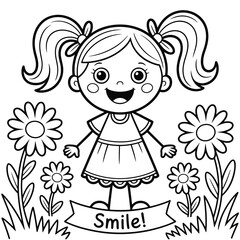 Joyful cartoon girl with pigtails and flowers invites you to smile vector illustration silhouette vector illustration white background