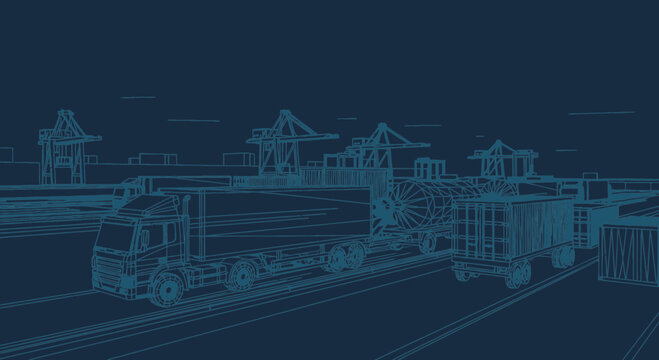 Blueprint style illustration depicting freight trucks at a shipping port terminal with cargo