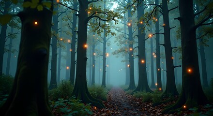 Mystical forest path with glowing golden lights among tall trees in a serene, misty atmosphere