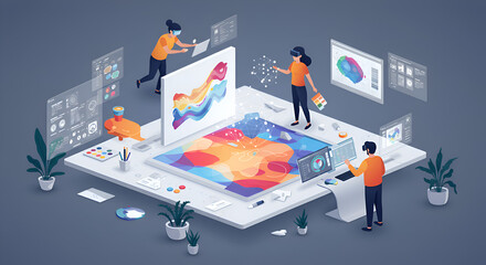 Team of Graphic Designers Collaborating with Augmented and Virtual Reality Tools