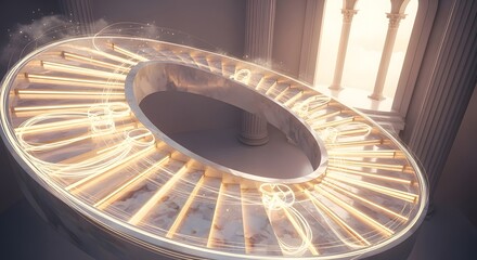 Fototapeta premium Ascending Spiral Staircase: An elegant, minimalist spiral staircase bathed in ethereal light, its curves and lines drawing the eye upwards, inviting exploration and wonder.
