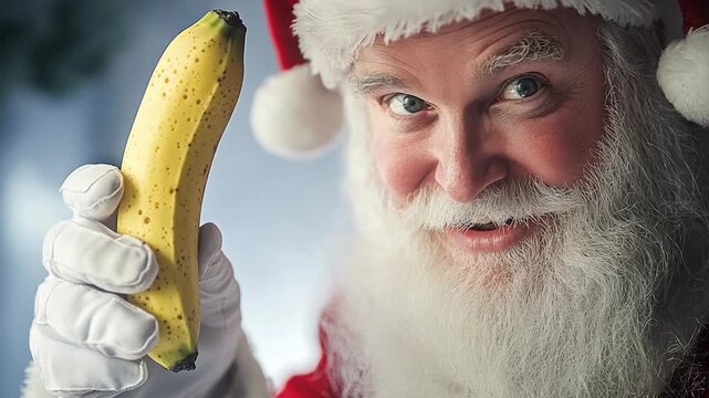 A jolly man dressed as Santa Claus holds a banana, perfect for holiday season or quirky advertising needs