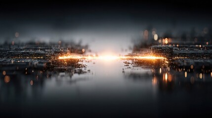 Fototapeta premium Two abstract quantum computers connected by glowing energy beam with blurred futuristic laboratory background, symbolizing groundbreaking science, advanced technology, innovation, data processing