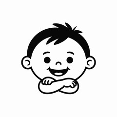 Simple vector illustration of a smiling boy's head and arms silhouette vector illustration white background