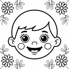 Happy child face with flowers outline vector illustration scalable eps icon for design silhouette vector illustration white background