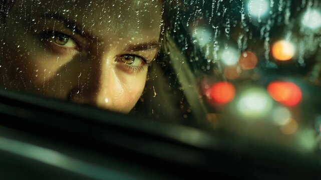 A woman&rsquo;s intense eyes staring through a rain-covered car window at night.