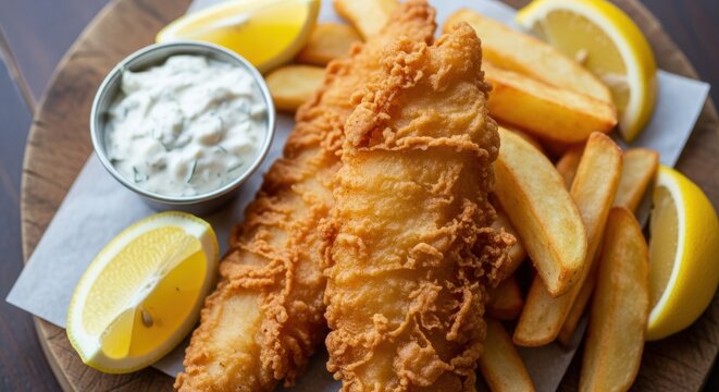Classic Golden Crispy Fish and Chips with Tartar Sauce and Fresh Lemon Wedges on a Wooden Board