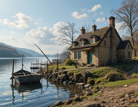 Idyllic stone cottage nestled by a tranquil lake with a small boat docked.