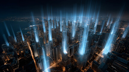 6G. Data Speed. Quantum Communication. Futuristic cityscape illustration showcasing 6G technology and ultra-fast data integration.