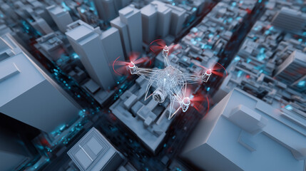 6G. Data Speed. Quantum Communication. A futuristic AI drone flies through a 3D cityscape supported by advanced 6G technology.