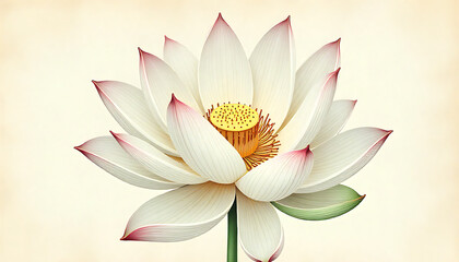 Elegant White Lotus Flower Blooming with Pink-Tipped Petals on Light Background