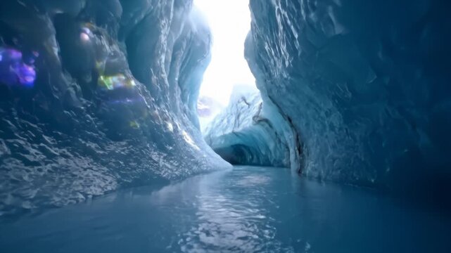 Blue glacier cave with seracs and skylight