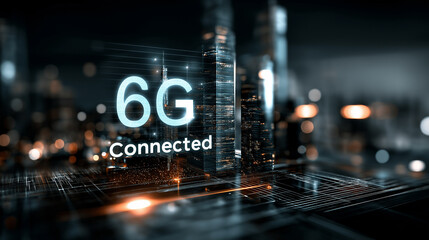 6G. Data Speed. Quantum Communication. Futuristic holographic interface showcasing advanced technology and design concepts.