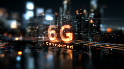 6G. Data Speed. Quantum Communication. Futuristic holographic interface design with vibrant colors and modern aesthetics.