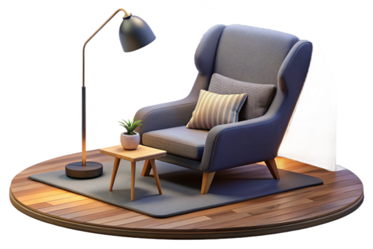 A stylish and minimalist living room with a rich dark blue wall, a comfortable tan leather armchair, and ample copy space- 3D rendering