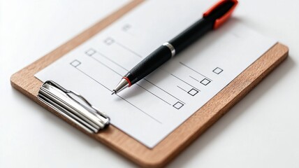 Wooden clipboard displaying a printed questionnaire form with a black pen on a white table, ideal for professional presentations. Survey research answer checklist