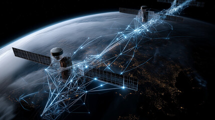 6G. Data Speed. Quantum Communication. High-tech satellite system depicted in 3D orbit with encryption features.