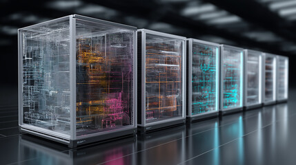 6G. Data Speed. Quantum Communication. 3D transparent server rack featuring a quantum processor, ideal for tech-related visuals.